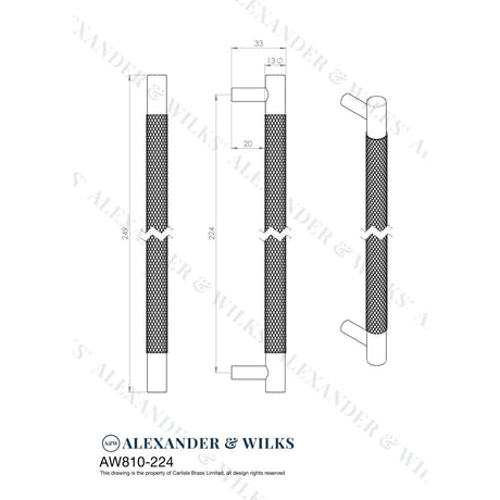 Line technical drawing image of Alexander & Wilks Brunel Knurled T-Bar Cupboard Handle - Polished Nickel - Centres 224mm | Sku. aw810-224-pn | Trade Door Handles.