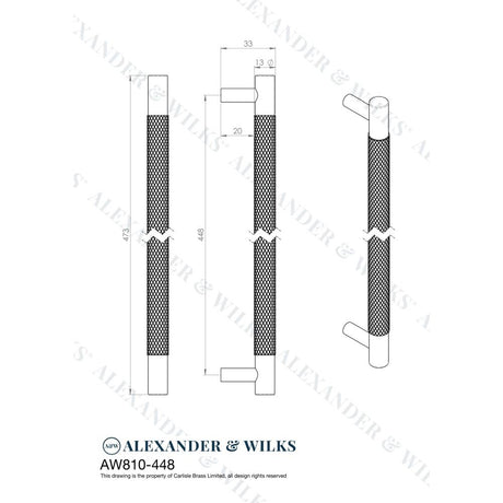 Line technical drawing image of Alexander & Wilks Brunel Knurled T-Bar Cupboard Handle - Polished Nickel - Centres 448mm | Sku. aw810-448-pn | Trade Door Handles.
