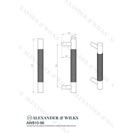 Line technical drawing image of Alexander & Wilks Brunel Knurled T-Bar Cupboard Handle - Dark Bronze PVD - Centres 96mm | Sku. aw810-96-dbzpvd | Trade Door Handles.