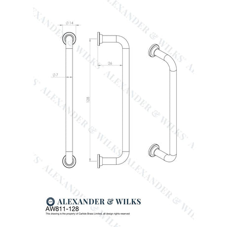Line technical drawing image of Alexander & Wilks Scandi Pull Handle-Black-128mm c/c | Sku. AW811-128-BL | Trade Door Handles.