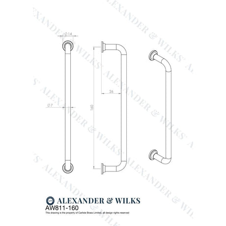 Line technical drawing image of Alexander & Wilks Scandi Pull Handle-Black-160mm c/c | Sku. AW811-160-BL | Trade Door Handles.