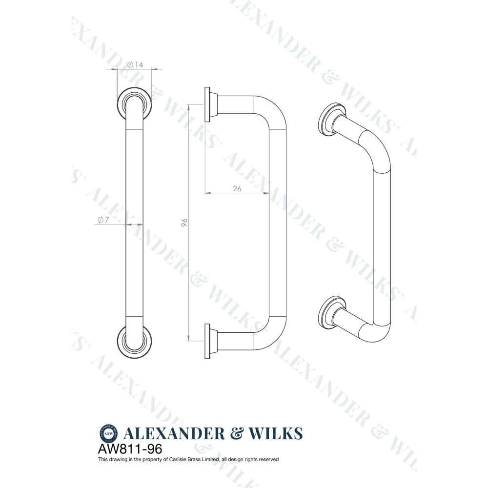 Line technical drawing image of Alexander & Wilks Scandi Pull Handle-Polished Chrome-96mm c/c | Sku. AW811-96-PC | Trade Door Handles.