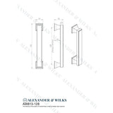 Line technical drawing image of Alexander & Wilks Jesper Square Cupboard Pull Handle - Antique Brass -128mm Centres | Sku. aw813-128-ab | Trade Door Handles.