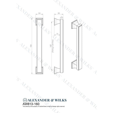 Line technical drawing image of Alexander & Wilks Jesper Square Cabinet Pull Handle - Dark Bronze PVD - Centres 160mm | Sku. aw813-160-dbzpvd | Trade Door Handles.