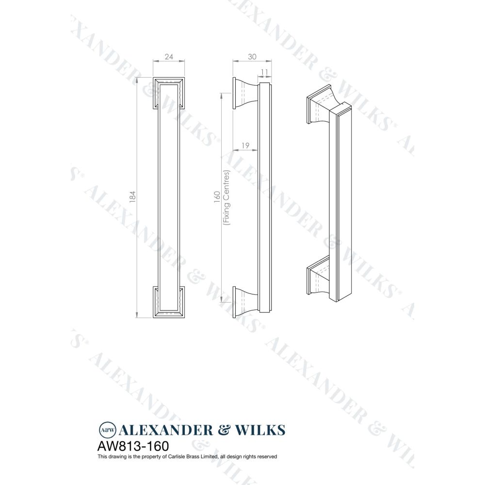 Line technical drawing image of Alexander & Wilks Jesper Square Cabinet Pull Handle - Polished Chrome - Centres 160mm | Sku. aw813-160-pc | Trade Door Handles.