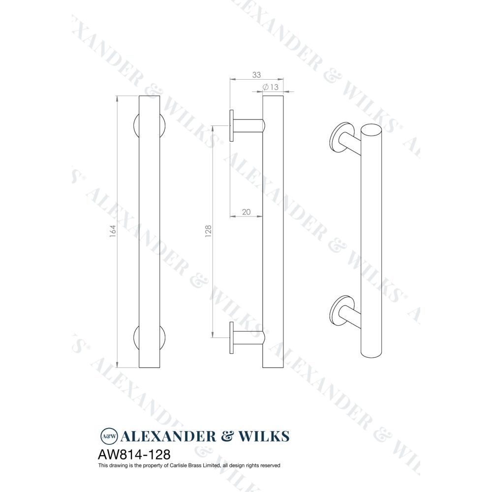 Line technical drawing image of Alexander & Wilks Round T-Bar Cabinet Pull Handle - Satin Brass - Centres 128mm | Sku. aw814-128-sb | Trade Door Handles.