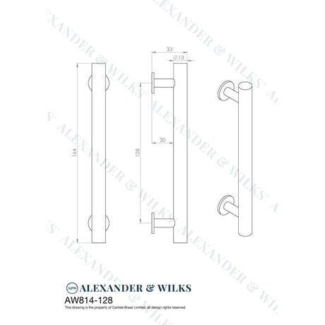 Line technical drawing image of Alexander & Wilks Round T-Bar Cabinet Pull Handle - Satin Brass - Centres 128mm | Sku. aw814-128-sb | Trade Door Handles.