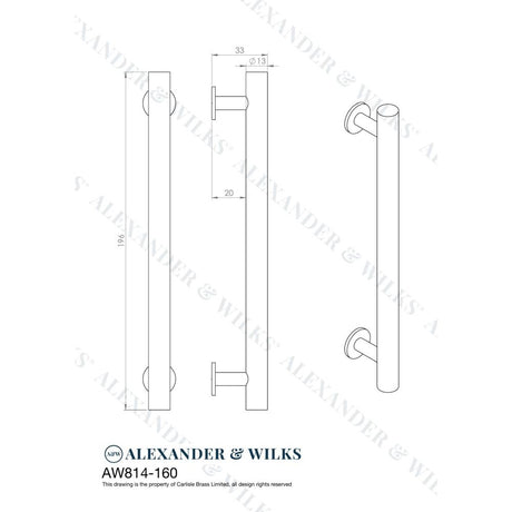 Line technical drawing image of Alexander & Wilks Round T-Bar Cabinet Pull Handle - Satin Nickel - Centres 160mm | Sku. aw814-160-sn | Trade Door Handles.