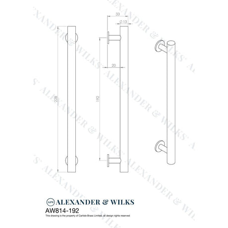 Line technical drawing image of Alexander & Wilks Round T-Bar Cabinet Pull Handle - Polished Nickel - Centres 192mm | Sku. aw814-192-pn | Trade Door Handles.