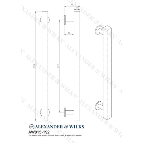 Line technical drawing image of Alexander & Wilks Square T-Bar Cabinet Pull Handle - Antique Brass - Centres 192mm | Sku. aw815-192-ab | Trade Door Handles.