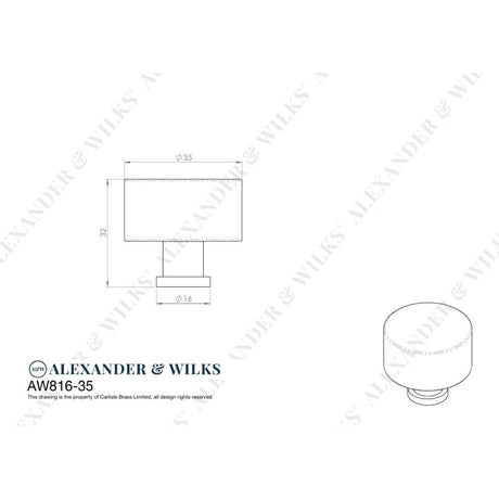 Line technical drawing image of Alexander & Wilks Leila Hammered Cupboard Knob - Black - 35mm | Sku. aw816-35-bl | Trade Door Handles.