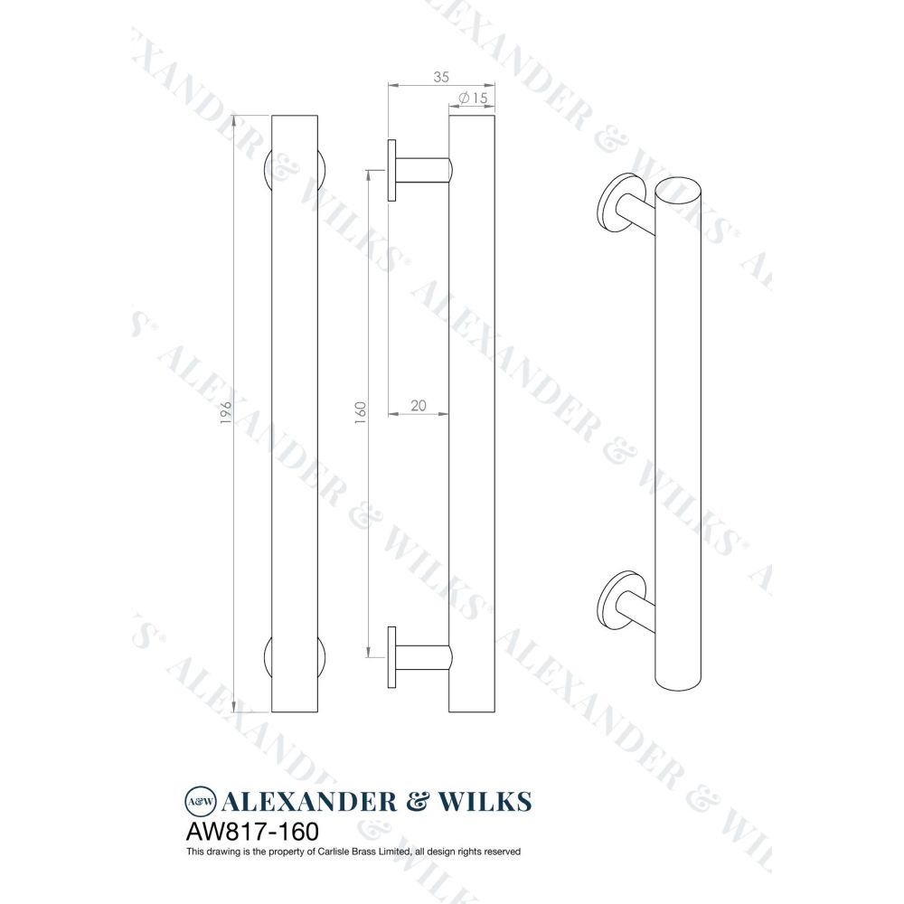 Line technical drawing image of Alexander & Wilks Leila Hammered Cabinet Pull - Antique Brass | Sku. aw817-160-ab | Trade Door Handles.