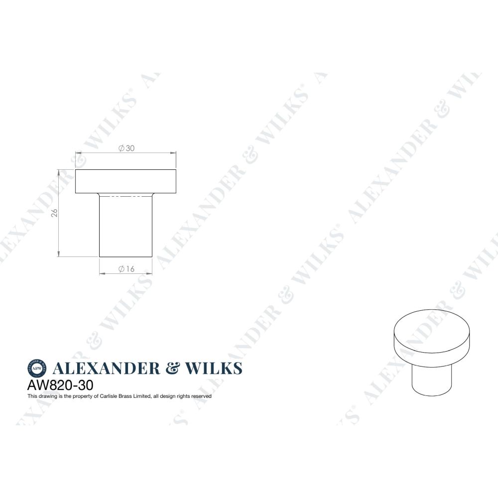 Line technical drawing image of Alexander & Wilks Hanover Hammered Cupboard Knob - Dark Bronze - 30mm | Sku. aw820-30-dbz | Trade Door Handles.