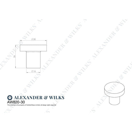 Line technical drawing image of Alexander & Wilks Hanover Hammered Cupboard Knob - Polished Chrome - 30mm | Sku. aw820-30-pc | Trade Door Handles.