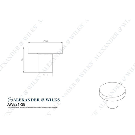 Line technical drawing image of Alexander & Wilks Hanover Hammered Cupboard Knob - Polished Chrome - 38mm | Sku. aw820-38-pc | Trade Door Handles.