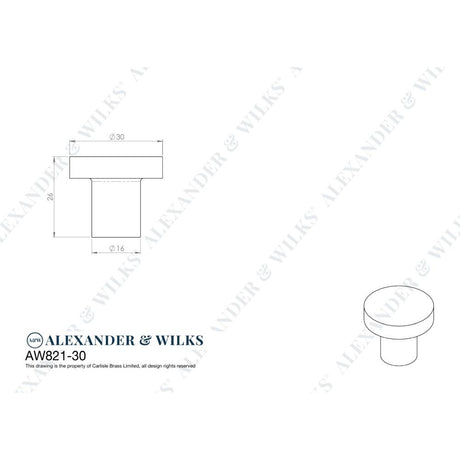 Line technical drawing image of Alexander & Wilks Hanover Plain Cupboard Knob - Polished Chrome - Knob 30mm | Sku. aw821-30-pc | Trade Door Handles.