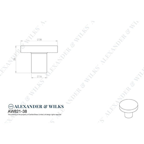 Line technical drawing image of Alexander & Wilks Hanover Plain Cupboard Knob - Polished Chrome - Knob 38mm | Sku. aw821-38-pc | Trade Door Handles.