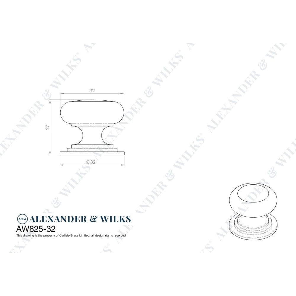Line technical drawing image of Alexander & Wilks Waltz Round Cupboard Knob on Stepped Rose - Dark Bronze - 32mm | Sku. aw825-32-dbz | Trade Door Handles.