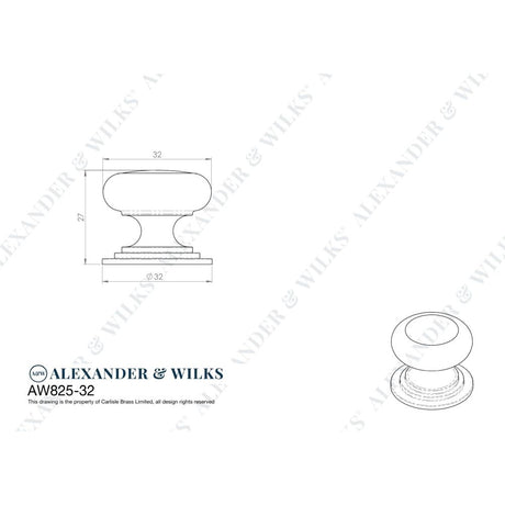 Line technical drawing image of Alexander & Wilks Waltz Round Cupboard Knob on Stepped Rose - Satin Chrome - 32mm | Sku. aw825-32-sc | Trade Door Handles.