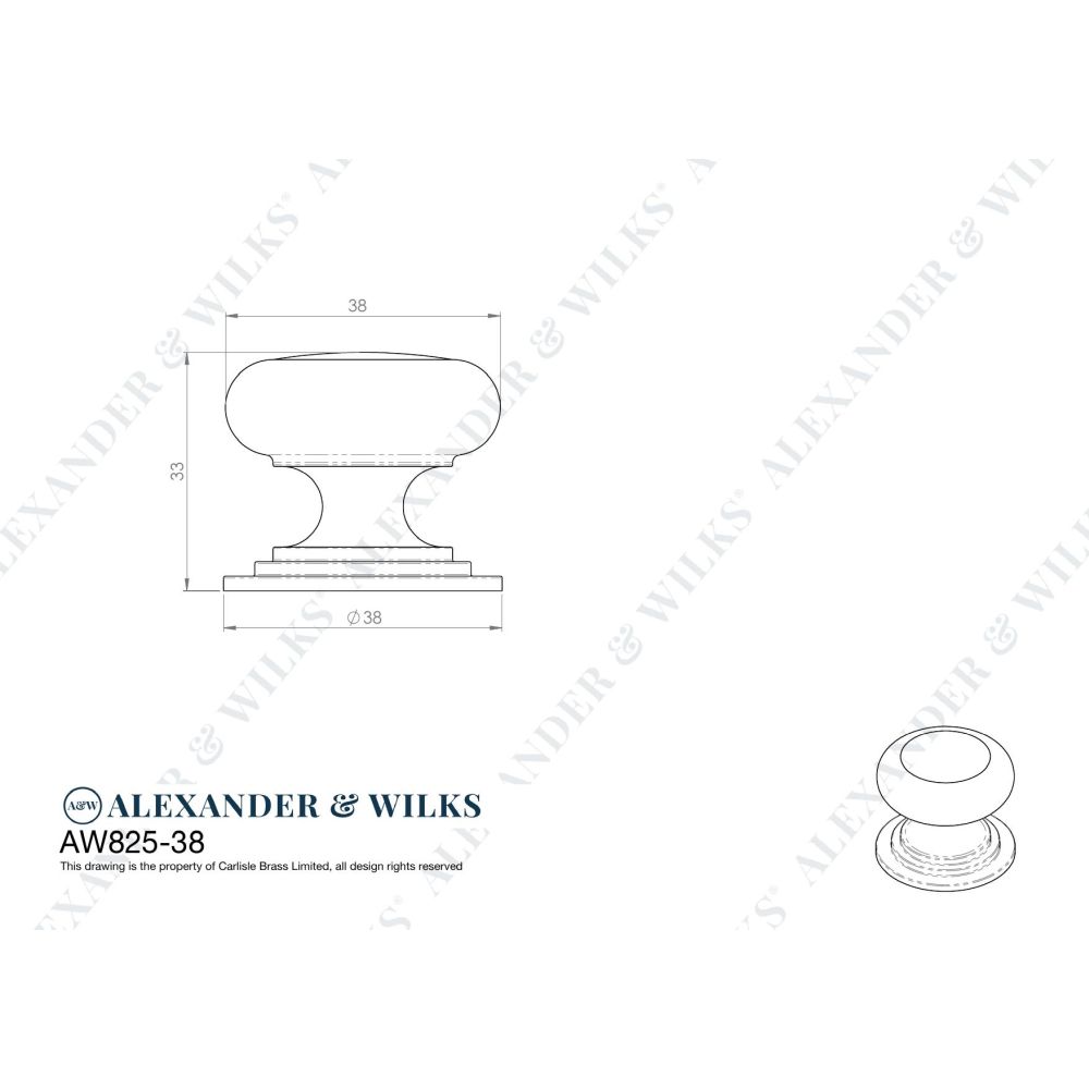 Line technical drawing image of Alexander & Wilks Waltz Round Cupboard Knob on Stepped Rose - Antique Brass - 38mm | Sku. aw825-38-ab | Trade Door Handles.