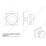 Line technical drawing image of Alexander & Wilks Quantock Cupboard Knob on Square Backplate - Antique Brass - 34mm | Sku. aw826-34-ab | Trade Door Handles.