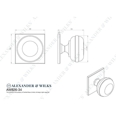 Line technical drawing image of Alexander & Wilks Quantock Cupboard Knob on Square Backplate - Polished Chrome - 34mm | Sku. aw826-34-pc | Trade Door Handles.