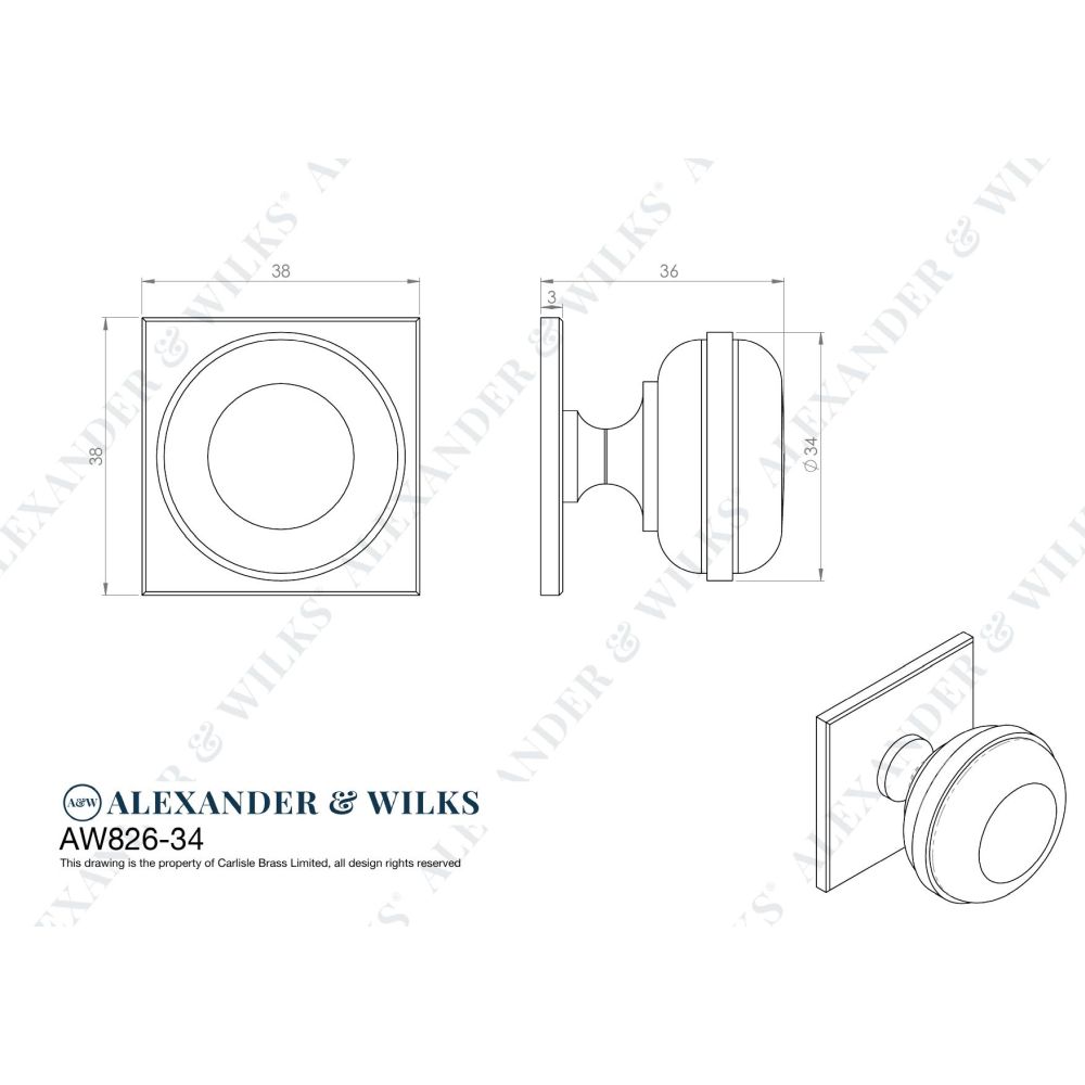 Line technical drawing image of Alexander & Wilks Quantock Cupboard Knob on Square Backplate - Satin Brass PVD - 34mm | Sku. aw826-34-sbpvd | Trade Door Handles.