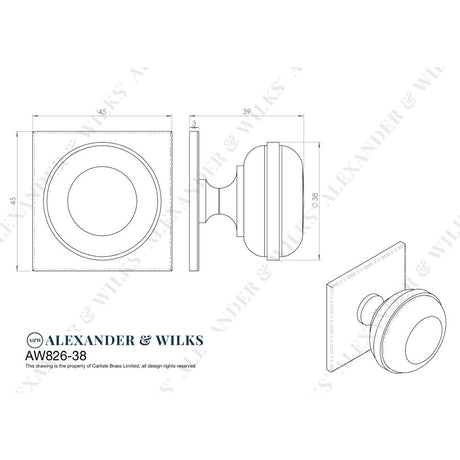 Line technical drawing image of Alexander & Wilks Quantock Cupboard Knob on Square Backplate - Polished Chrome - 38mm | Sku. aw826-38-pc | Trade Door Handles.