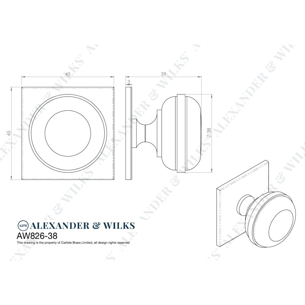 Line technical drawing image of Alexander & Wilks - Quantock Cupboard Knob on Square Backplate - Polished Nickel - 38mm | Sku. aw826-38-pnpvd | Trade Door Handles.