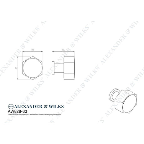 Line technical drawing image of Alexander & Wilks - Vesper Hex Cabinet Knob - Polished Chrome | Sku. aw828-33-pc | Trade Door Handles.
