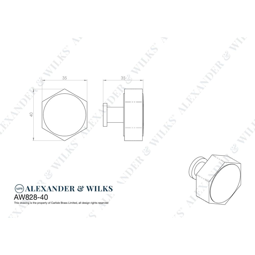 Line technical drawing image of Alexander & Wilks - Vesper Hex Cabinet Knob - Black | Sku. aw828-40-bl | Trade Door Handles.