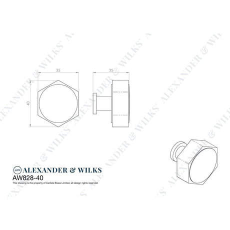 Line technical drawing image of Alexander & Wilks - Vesper Hex Cabinet Knob - Polished Chrome | Sku. aw828-40-pc | Trade Door Handles.