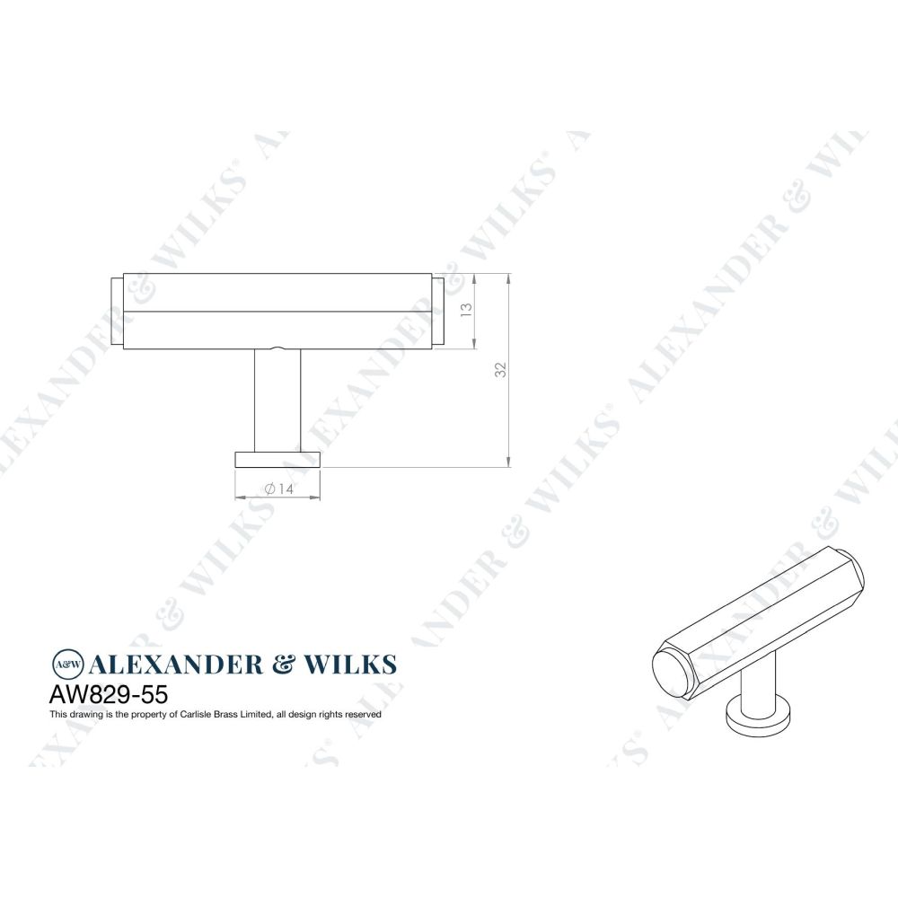 Line technical drawing image of Alexander & Wilks - Vesper Hex T - Bar Cabinet Knob - Black | Sku. aw829-55-bl | Trade Door Handles.
