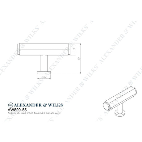 Line technical drawing image of Alexander & Wilks - Vesper Hex T - Bar Cabinet Knob - Satin Brass | Sku. aw829-55-sb | Trade Door Handles.