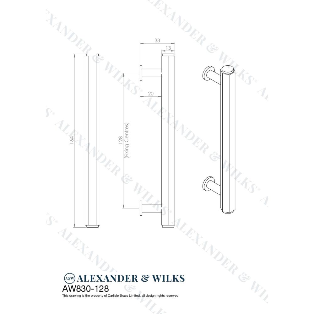 Line technical drawing image of Alexander & Wilks - Vesper Hex T - Bar Cabinet Pull - Polished Chrome - 128mm C/C | Sku. aw830-128-pc | Trade Door Handles.