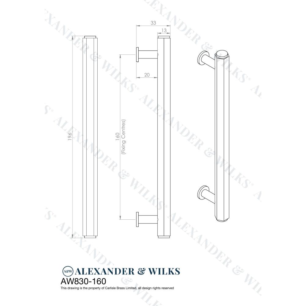 Line technical drawing image of Alexander & Wilks - Vesper Hex T - Bar Cabinet Pull - Antique Brass - 160mm C/C | Sku. aw830-160-ab | Trade Door Handles.
