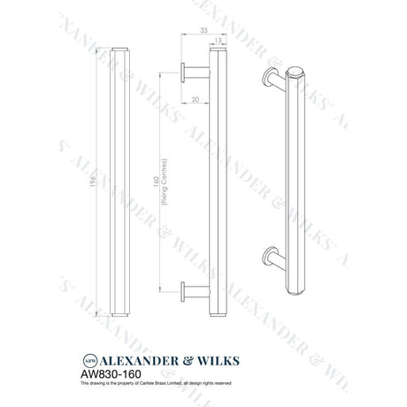 Line technical drawing image of Alexander & Wilks - Vesper Hex T - Bar Cabinet Pull - Antique Brass - 160mm C/C | Sku. aw830-160-ab | Trade Door Handles.