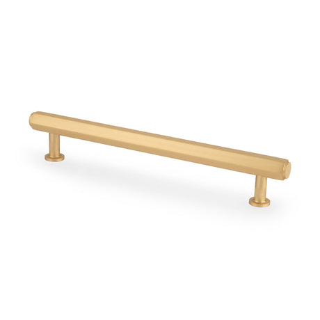 This is an image showing Alexander & Wilks - Vesper Hex T - Bar Cabinet Pull - Satin Brass - 160mm C/C aw830-160-sb available to order from Trade Door Handles in Kendal, quick delivery and discounted prices.