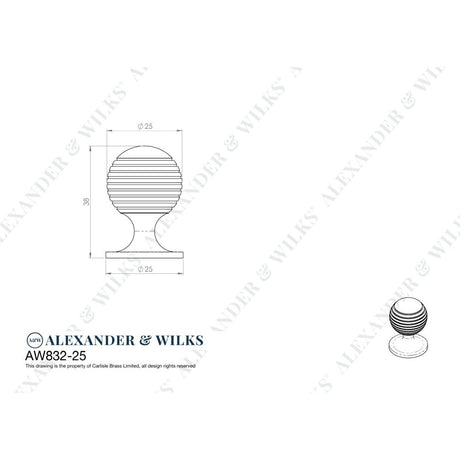 Line technical drawing image of Alexander & Wilks Caesar Cupboard Knob on Round Rose - Polished Chrome - 25mm | Sku. aw832-25-pc | Trade Door Handles.