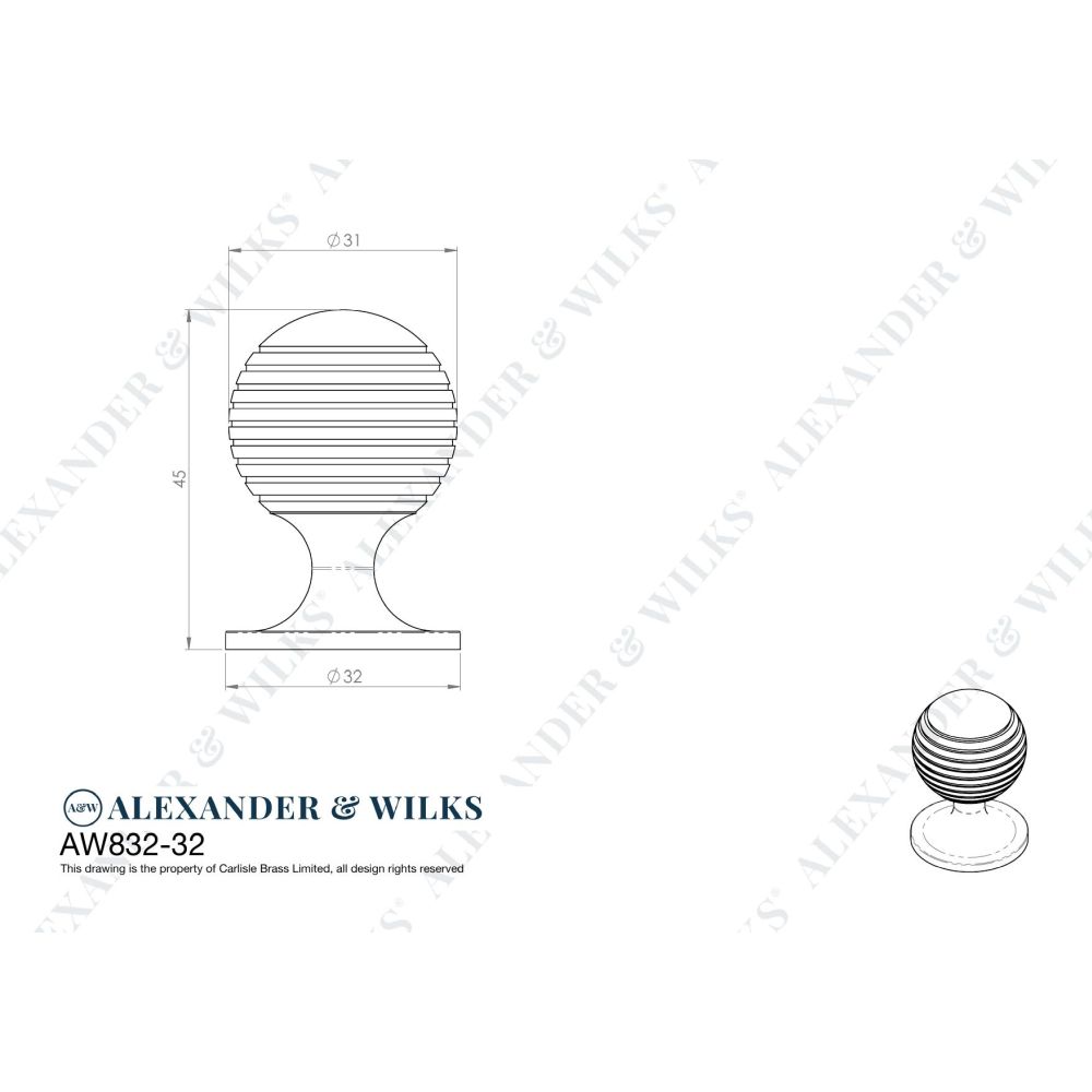 Line technical drawing image of Alexander & Wilks Caesar Cupboard Knob on Round Rose - Dark Bronze PVD - 32mm | Sku. aw832-32-dbzpvd | Trade Door Handles.