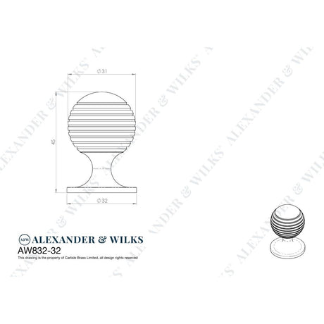 Line technical drawing image of Alexander & Wilks Caesar Cupboard Knob on Round Rose - Satin Chrome - 32mm | Sku. aw832-32-sc | Trade Door Handles.