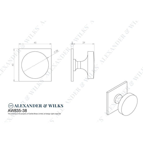 Line technical drawing image of Alexander & Wilks Bullion Cupboard Knob on Square Backplate - Polished Chrome | Sku. aw835-38-pc | Trade Door Handles.