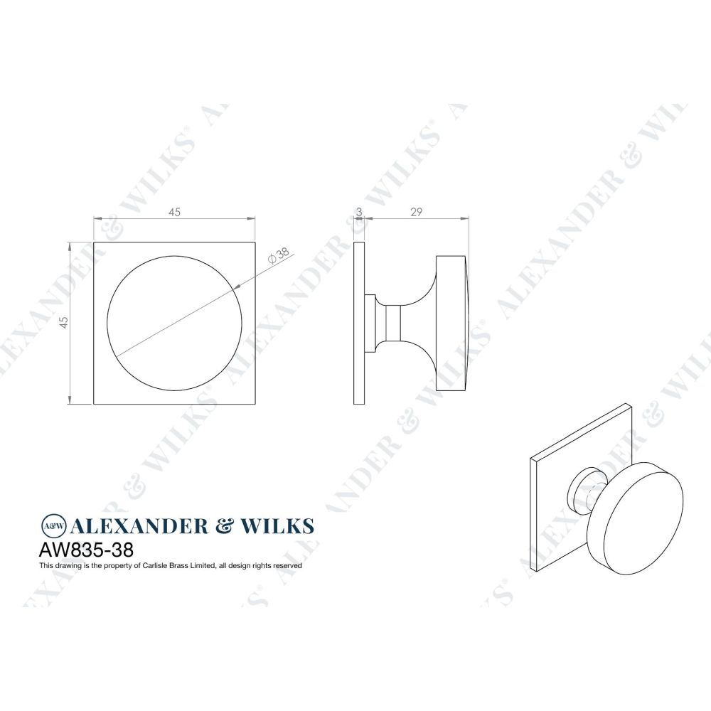 Line technical drawing image of Alexander & Wilks - Bullion Cupboard Knob on Square Backplate-Satin Nickel | Sku. aw835-38-sn | Trade Door Handles.
