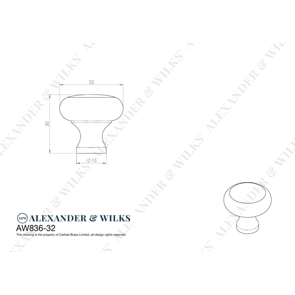Line technical drawing image of Alexander & Wilks Wade Round Cupboard Knob - Antique Brass - 32mm | Sku. aw836-32-ab | Trade Door Handles.