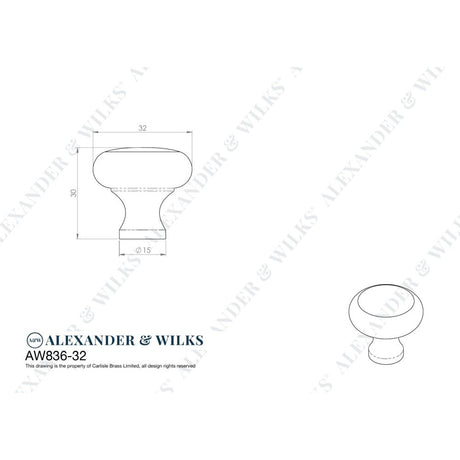 Line technical drawing image of Alexander & Wilks Wade Round Cupboard Knob - Satin Chrome - 32mm | Sku. aw836-32-sc | Trade Door Handles.