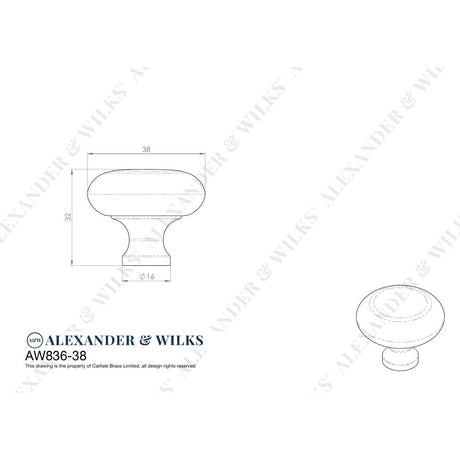 Line technical drawing image of Alexander & Wilks Wade Round Cupboard Knob - Polished Chrome - 38mm | Sku. aw836-38-pc | Trade Door Handles.