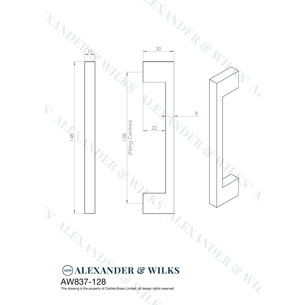 Line technical drawing image of Alexander & Wilks Marco Cupboard Pull Handle - Black - 128mm | Sku. aw837-128-bl | Trade Door Handles.