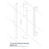 Line technical drawing image of Alexander & Wilks Marco Cupboard Pull Handle - Satin Brass - 224mm | Sku. aw837-224-sb | Trade Door Handles.