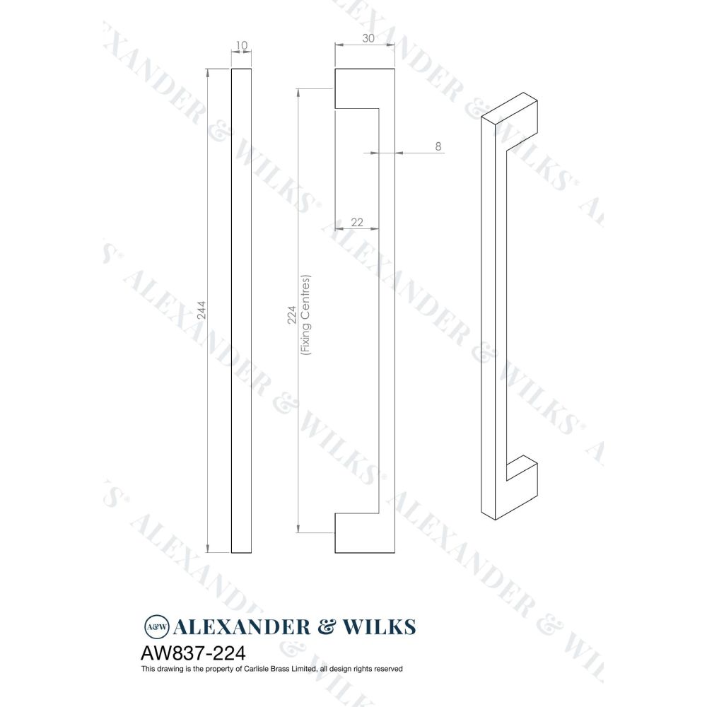Line technical drawing image of Alexander & Wilks Marco Cupboard Pull Handle-Satin Nickel-224mm c/c | Sku. AW837-224-SN | Trade Door Handles.
