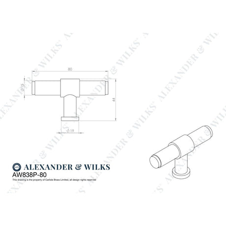 Line technical drawing image of Alexander & Wilks Kingston Plain T-Bar Cupboard Knob-Black | Sku. AW838P-80-BL | Trade Door Handles.